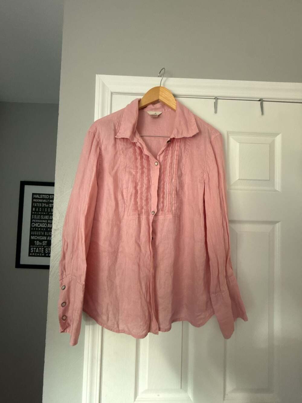 J.Jill Pink 100% Linen Tuxedo Bib Pintuck Popover Blouse